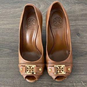 Tory Burch Peep Toe Logo Wedges Size 5.5
